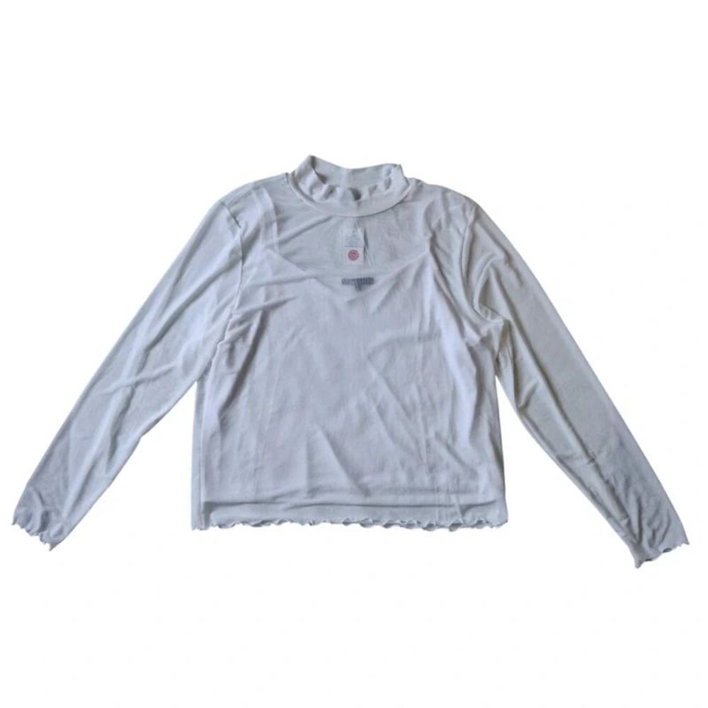 Ambiance White Sheer Mesh Lettuce Hem Long Sleeve Mock Neck Top Women's Plus 3X